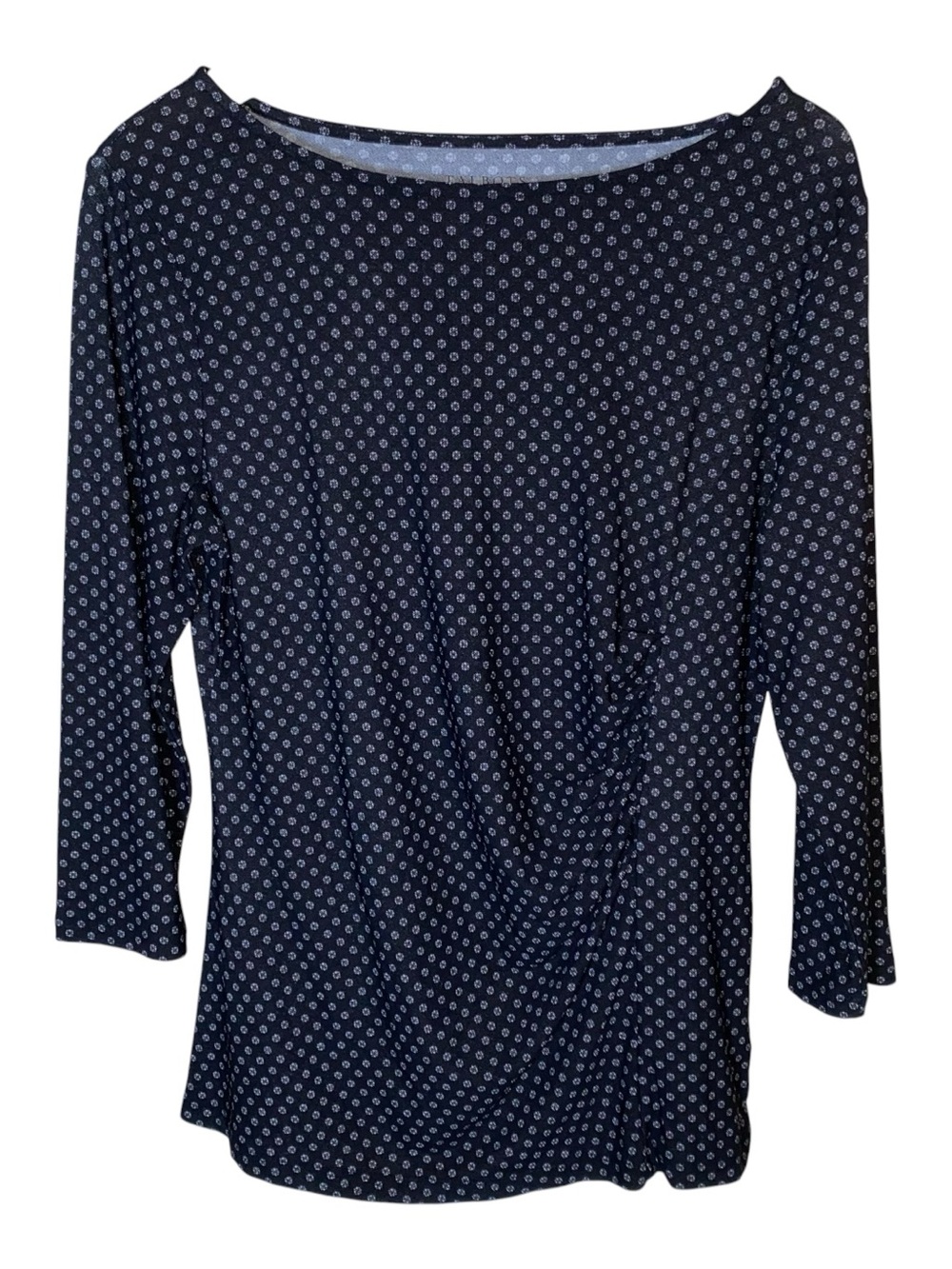 Talbots Women's Black Floral Ruched 3/4 Sleeve Stretch Knit Blouse Size Medium